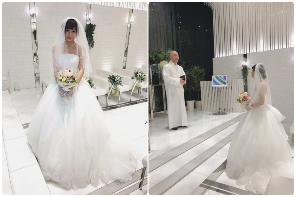 日本知名AV女優紗倉真菜，獲邀拍攝網路節目，披婚紗「自己嫁給自己」。（圖／翻攝網路）