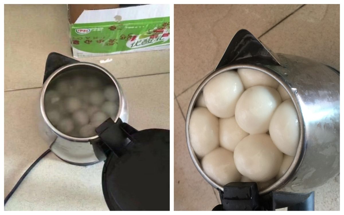 ▲有網友分享用快煮壺煮湯圓的照片，湯圓膨脹如饅頭，讓網友笑噴。（圖／翻攝自爆笑公社）