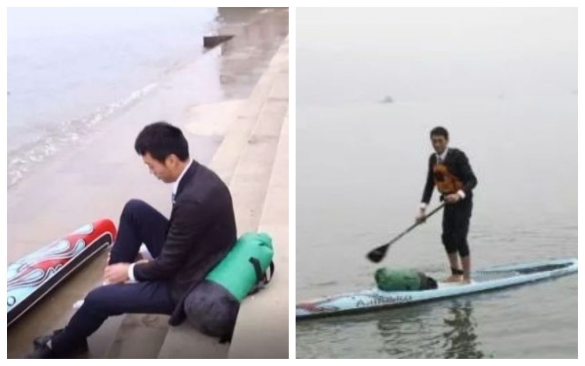 ▲重慶男子每天划船上班，網路爆紅。（圖／翻攝自微信上的中國）