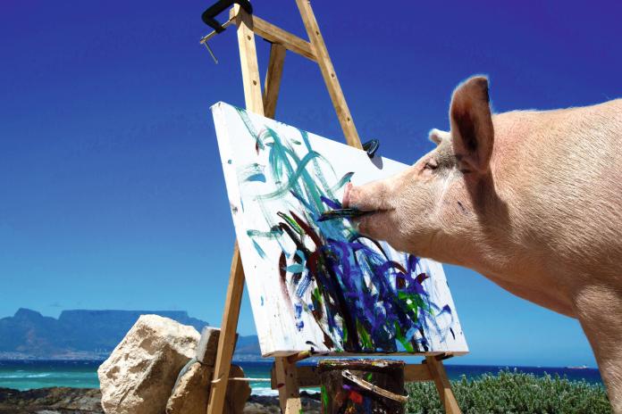 小豬畫家 Pigcasso 的畫作，展現對這個世界及對生命的熱情與讚頌。圖@Swatch