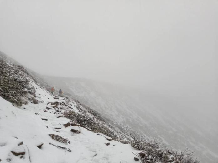 ▲雪山主峰也在清晨飄下瑞雪，一片白色的景象讓登山隊員感動不已，紛紛拿出手機記錄這一刻。（圖／全蔣清授權提供，山友阿共攝影）
