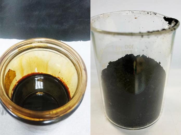 ▲廚餘水熱轉製生質燃油(左)、生質炭(右)。（圖／金屬中心提供）