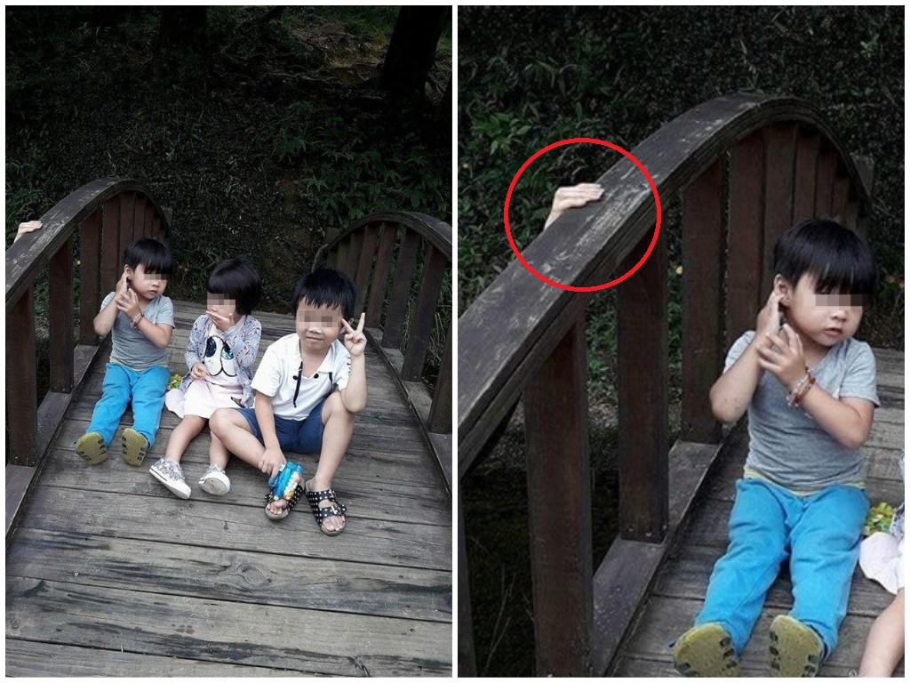 ▲汐止夢湖踏青回家翻照片，驚見女兒緊盯橋邊清晰「鬼手」。（圖／翻攝自靈異公社）