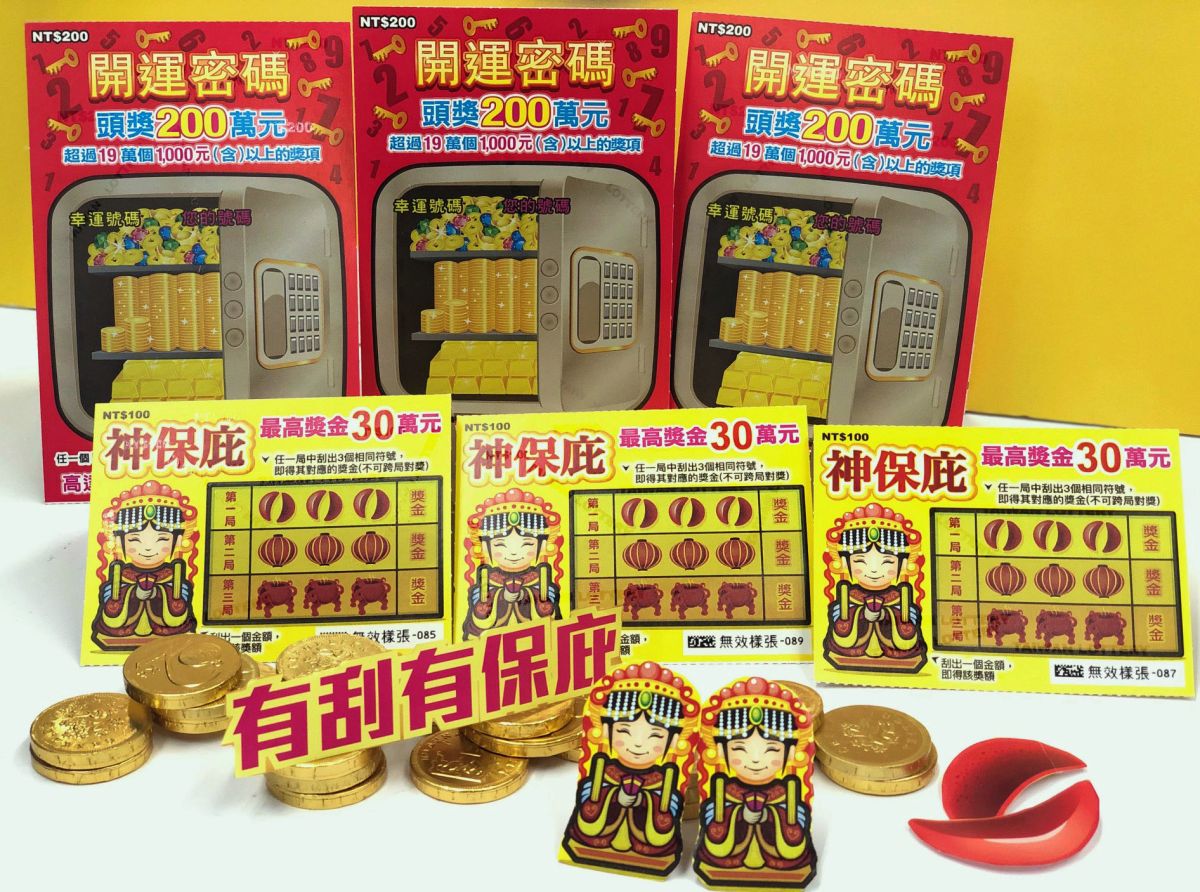 ▲台灣彩券公司再推出2款刮刮樂，最高頭獎200萬元，其中迎接媽祖遶境活動，以媽祖為主題的刮刮樂「神保庇」，有5個頭獎30萬元。(圖／台灣彩券公司提供)