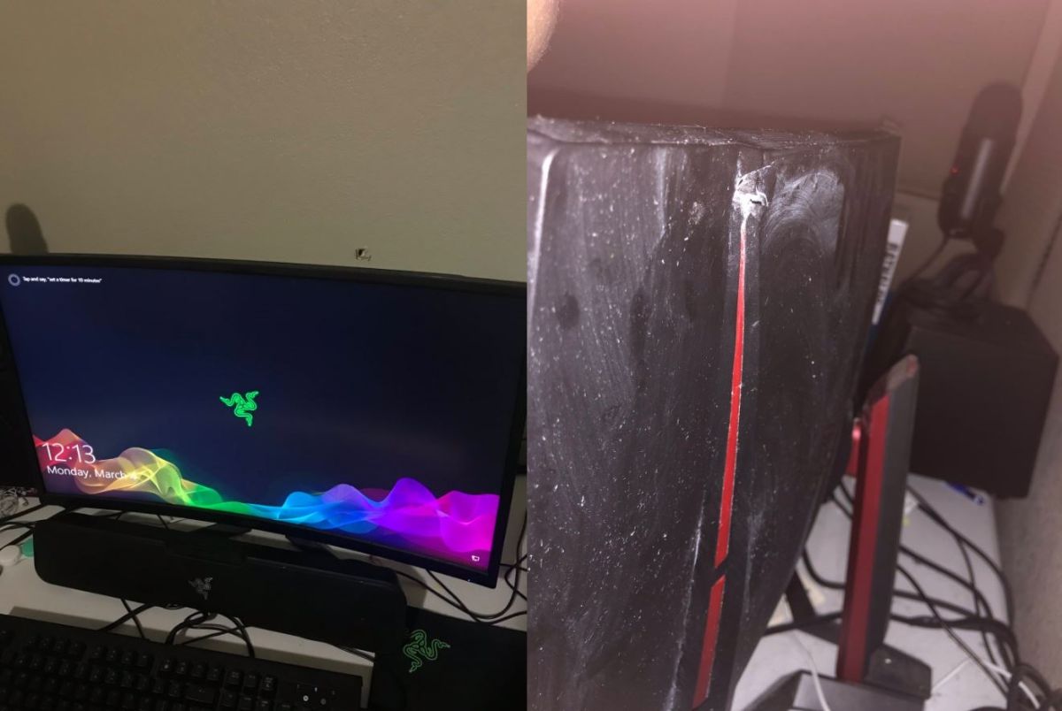 ▲美國網友的電競螢幕擋下子彈後還可以正常運作。（圖／翻攝自推特）