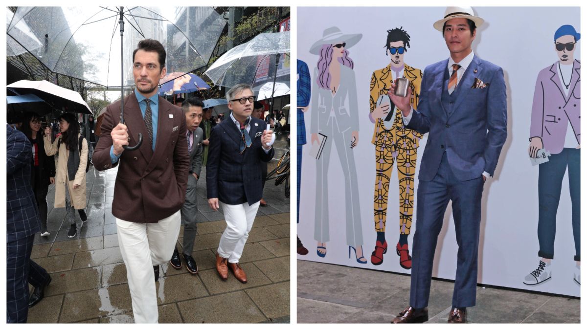 藍正龍以 Brooks Brothers 的普魯士藍西裝搭配咖啡色，與超模大衛甘迪在選色眼光上超有默契。圖@《GQ》