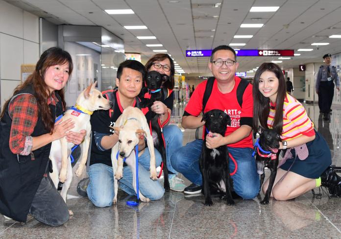 祈錦鈅（右一）與台灣動物緊急救援小組發言人倪京台（右二）在機場與五隻準備出發的狗狗合影。（圖／台灣動物緊急救援小組提供）