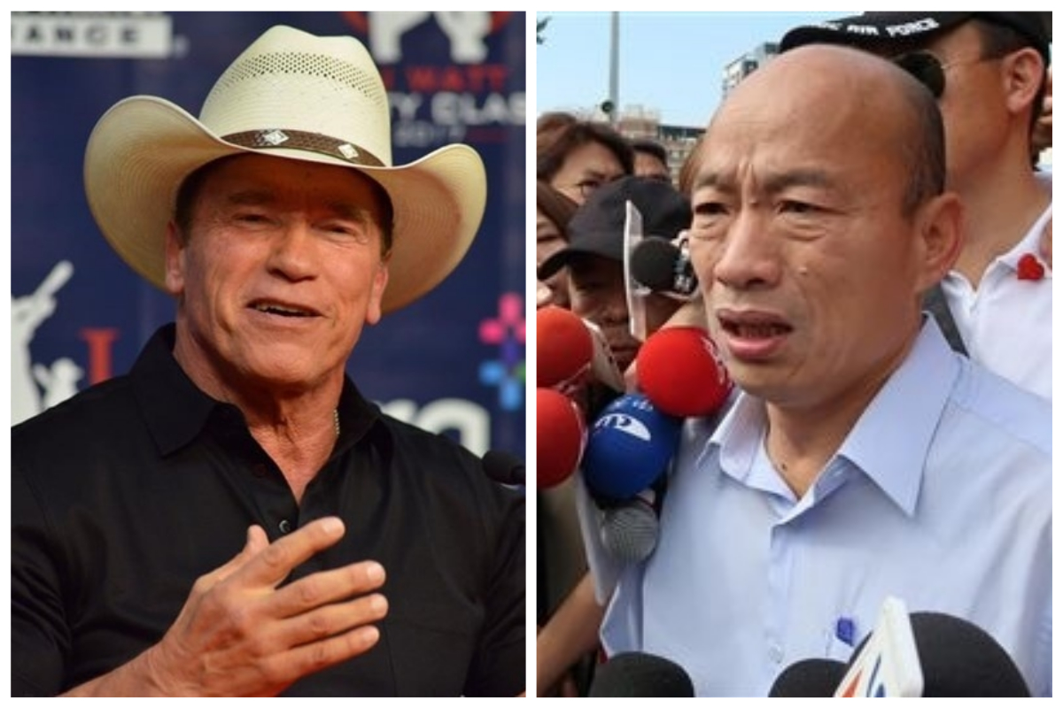 ▲韓國瑜在去（2018）年當選高雄市長後，曾一度有消息傳出，高雄市政府將邀請好萊塢影星阿諾史瓦辛格在今年 3 月到高雄演講，不過如今計畫確定取消。（合成圖／翻攝自 Arnold Schwarzenegger 臉書／中央社資料圖片）