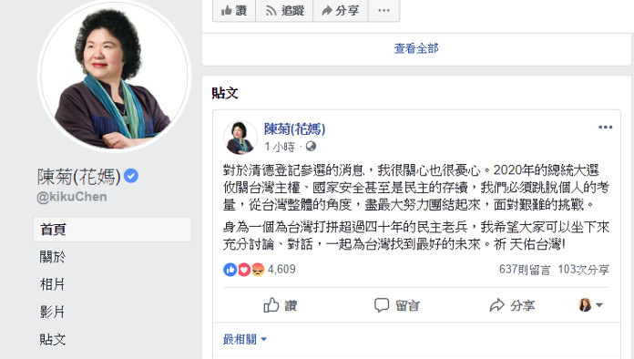 ▲前行政院長賴清德今天(18日)宣布投入2020總統大選，對此，總統府秘書長陳菊在臉書發文表示憂心，希望大家可以坐下來充分討論、對話，「一起為台灣找到最好的未來，祈禱天佑台灣！」 (圖 / 翻攝自陳菊臉書)