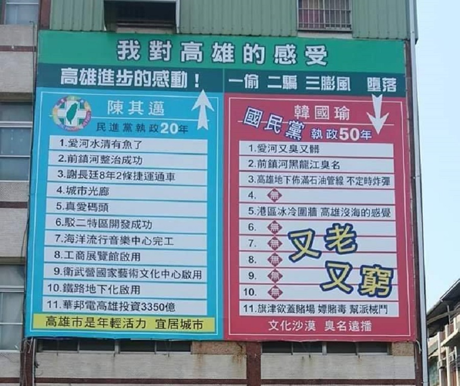 ▲有高雄人自發自費在街頭高掛過去藍綠執政貢獻的對比看板，認為國民黨根本是「一偷二騙三膨風」。（圖／翻攝自臉書粉專只是堵藍）