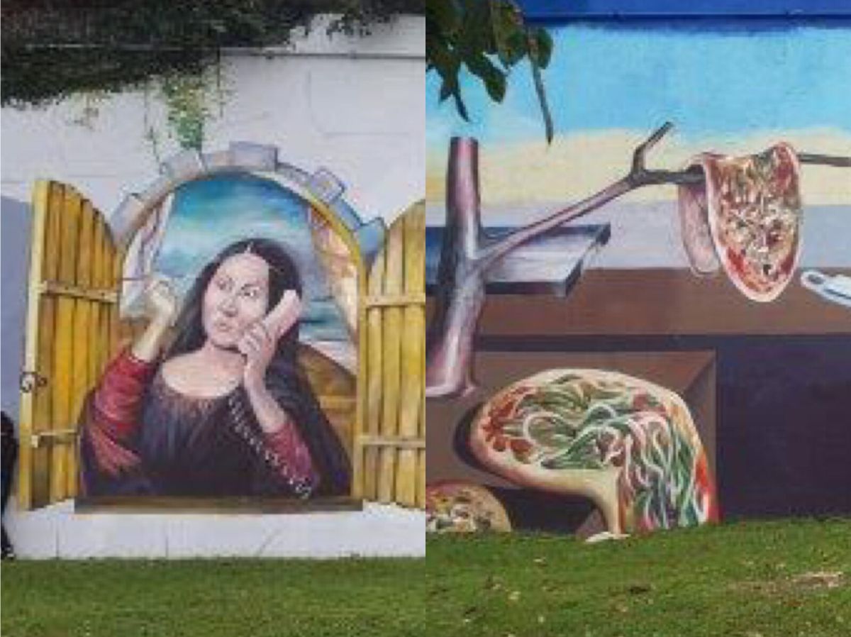 ▲新北市高灘地工程管理處近期在大漢溪右岸完成「世界名畫KUSO版」5幅。（圖／新北市高灘地工程管理處提供）
