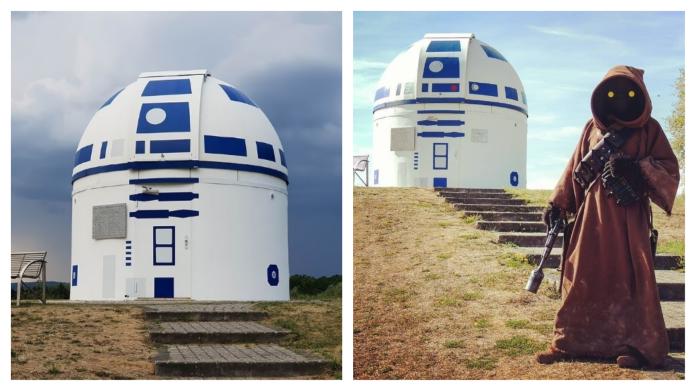▲德國一位教授將大學天文台外觀漆成 R2-D2 ，引來星戰迷朝聖合影。（圖／翻攝自 BoredPanda ）