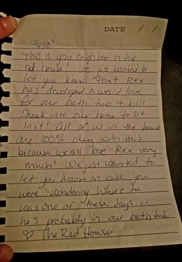 好心的鄰居寫紙條告知雷克斯的去處。（圖／Emily Crane）