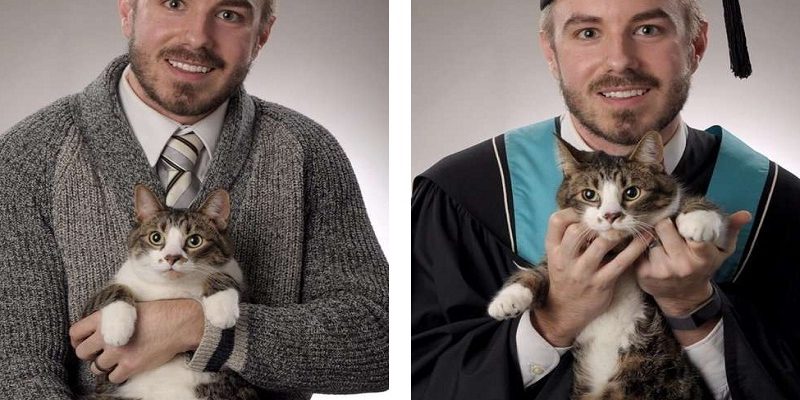 寒窗苦讀愛貓相陪　男子決定帶牠一起拍超萌畢業照！

