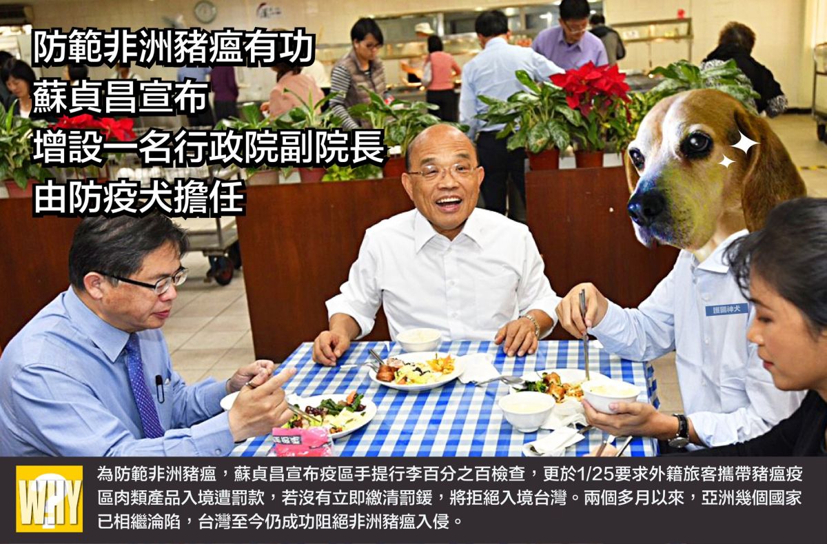 ▲行政院長蘇貞昌在臉書發文，表示增設一名防疫犬副院長。（圖／翻攝自蘇貞昌臉書）