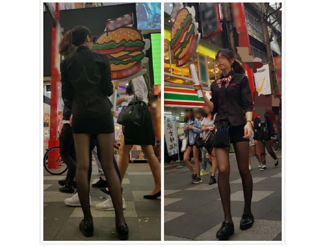 ▲西門町舉牌妹身穿「齊 B 小短裙 + 黑絲襪」，在人來人往的西門商圈漫步，辣秀性感美腿，十分吸睛。（圖／取自PTT）