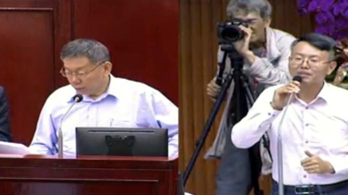 台北市長柯文哲10日在藍綠議員集體砲轟下，對過去「爆粗口」公開道歉。（圖 / 台北市議會提供 ）