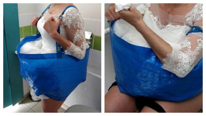 ▲英國一位新娘用 IKEA 購物袋，完美解決穿婚紗後上廁所不便的難題。（圖／翻攝自 djsweeby 的臉書）