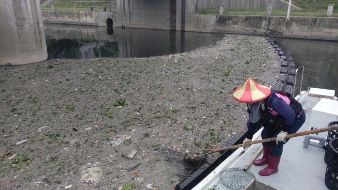 ▲環保局派員在愛河中上游打撈垃圾。（圖／高市環保局提供,2019.04.16）