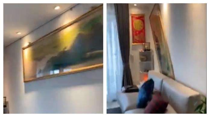 ▲花蓮強震，有網友分享自己 21 樓住家室內的搖晃影片，牆上壁畫掉落，十分嚇人。（圖／翻攝自爆料公社）