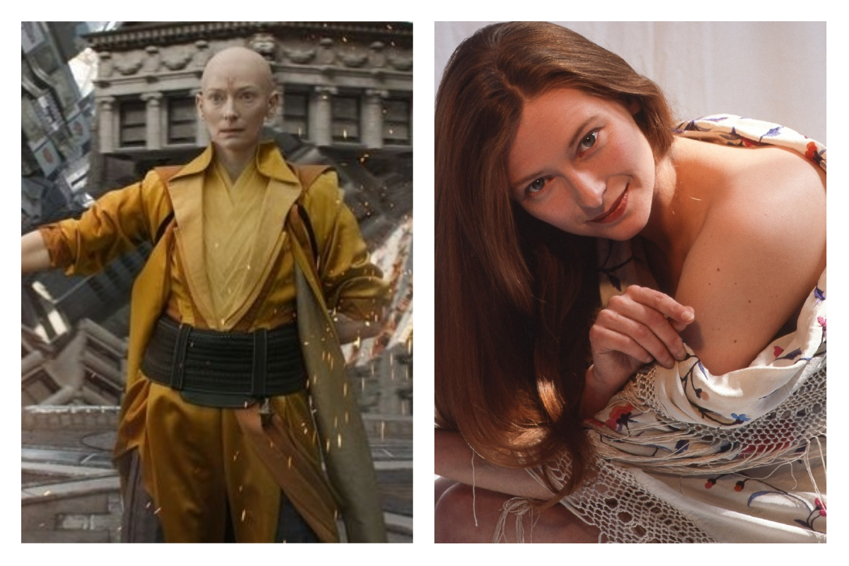 ▲飾演古一大師的蒂達史雲頓，年輕美照讓網友驚呼簡直是仙女。（合成圖／翻攝自漫威電影《奇異博士》劇照，光影莫里斯的微博）