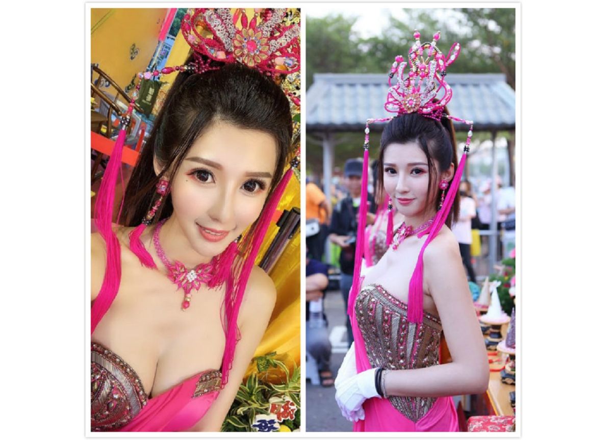 ▲高雄宮廟祭典驚見「仙女禮生」，不僅長相甜美、身材高挑，傲人胸圍更是讓信眾看得目瞪口呆。（圖／取自Candy&糖糖臉書）