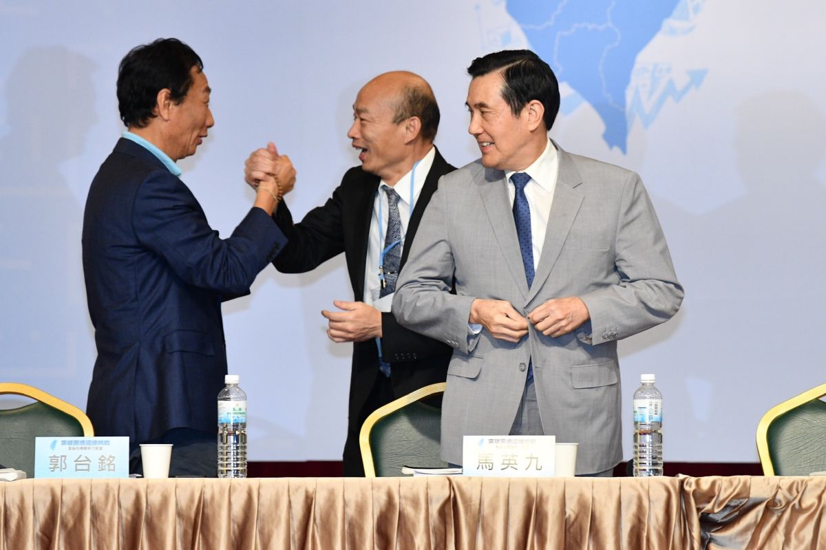 鴻海董事長郭台銘、高雄市長韓國瑜、新北市前市長朱立倫、前立委周錫瑋30日出席馬英九文教基金會主辦的「突破困境、迎接挑戰」重振台灣競爭力研討會。( 圖 / 記者林柏年攝，2019.04.30 )