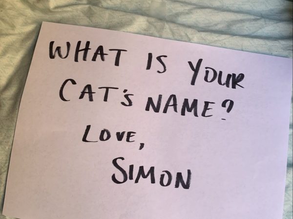 她在自家窗戶貼上這張紙，想幫助Simon引起Theo的注意：請問你叫什麼名字呢？愛你的Simon留。 (圖/twitter@kenziecoffman) 