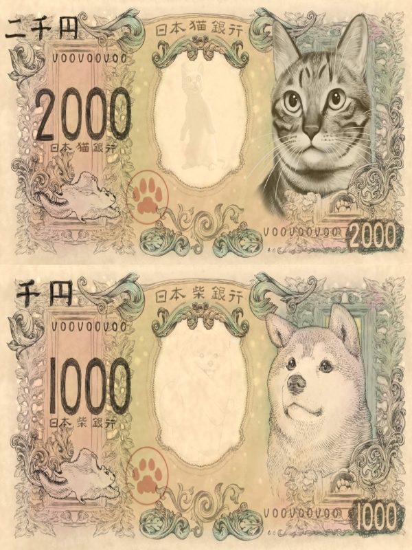 由插畫家PonkichiM繪製的Kuso版紙幣，分別由「日本貓銀行」出版的2千元日幣，以及「日本柴銀行」出版的1千元日幣，而紙幣中間還有貓咪及狗狗的浮水印，相當可愛！（圖／Twitter@ぽん吉PonkichiM）