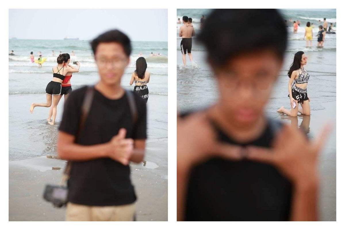 ▲網友分享朋友幫自己拍的「帥照」，結果朋友完全對焦在背後玩水的正妹，讓大家笑翻。（圖／翻攝自爆笑公社臉書）