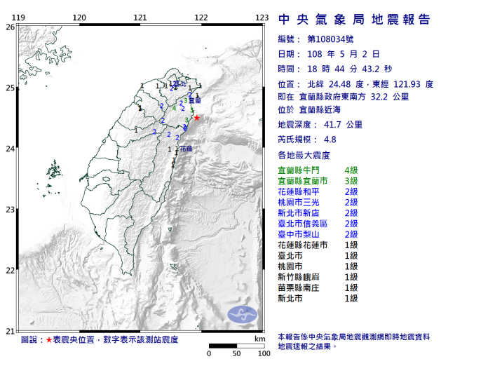 快訊／宜蘭近海4.8地震　最大震度牛鬥4級、台北市2級

