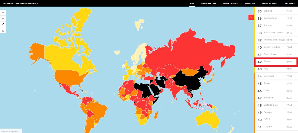 ▲根據 2019 最新全球新聞自由指數排行，台灣第 42 名居亞洲第二。（圖／翻攝自無國界記者組織RSF網站）