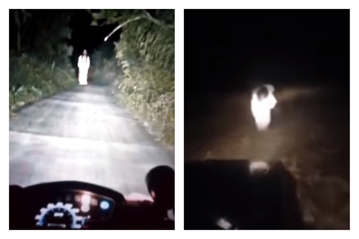 ▲半夜「白衣女鬼」垂長髮猛衝轎車，駕駛嚇哭快速倒車。（圖／翻攝自影片）