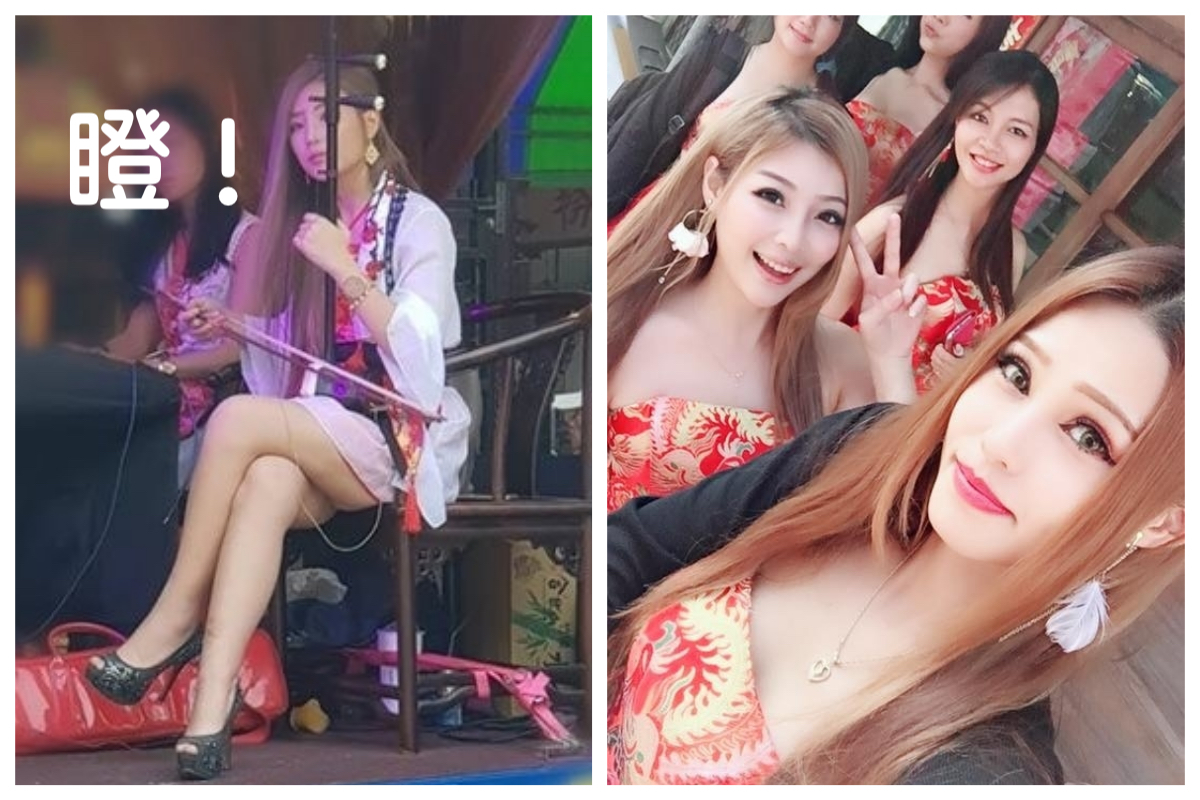 ▲一名男網友日前在觀賞廟會活動時，見到一名美腿辣妹正演奏著國樂器，當下拿起手機拍下留念，不料卻被辣妹本人逮個正著，用「媚眼狠瞪」他。（合成圖／翻攝自爆廢公社／翻攝自鳳鳴齋國樂團臉書）