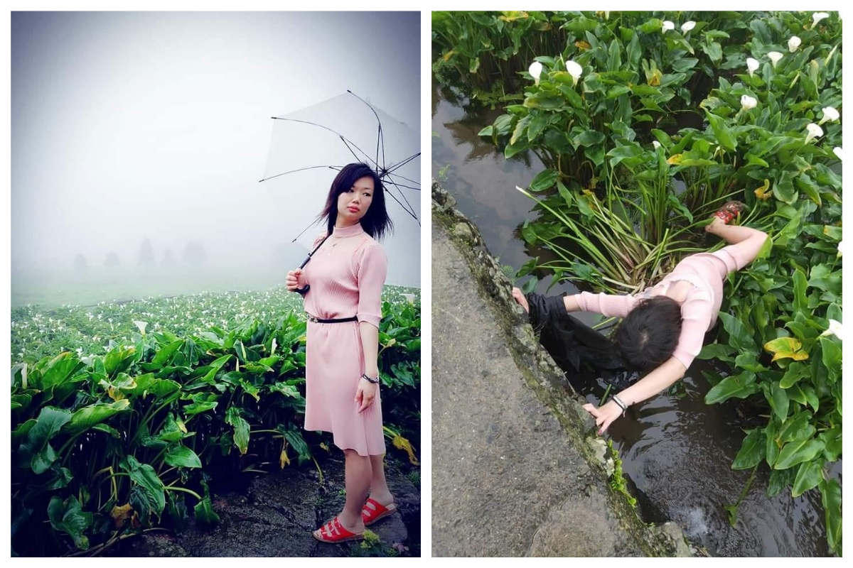 ▲男網友拍下女友慘摔海芋田的「魔性糗照」，讓許多網友看了後笑翻。（圖／網友孔紹宇授權提供）