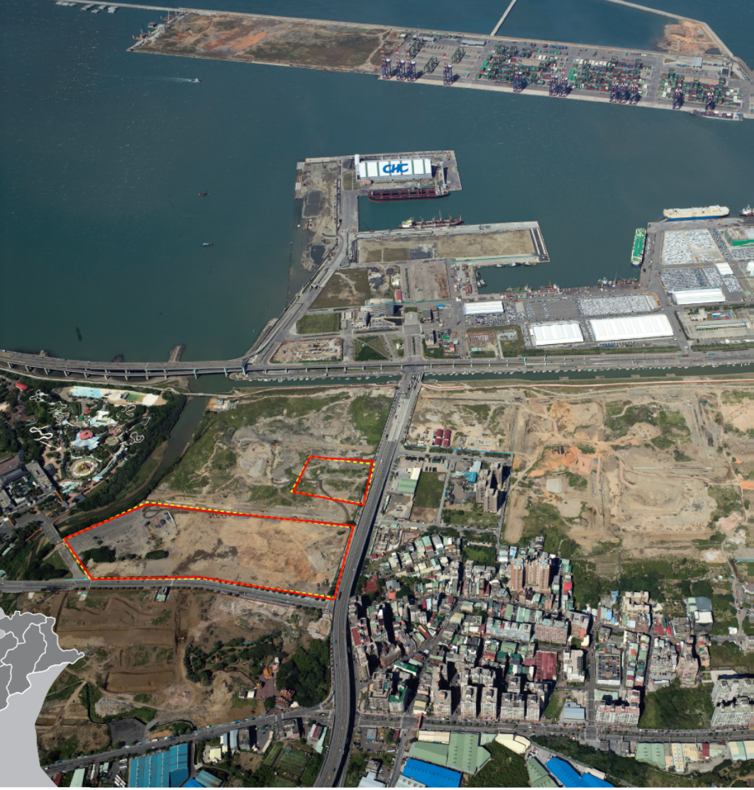▲新北市政府原本規畫在八里區台北港的娛樂專用區(紅色框標示)打造「台版迪士尼」樂園。（圖／新北市經發局提供）