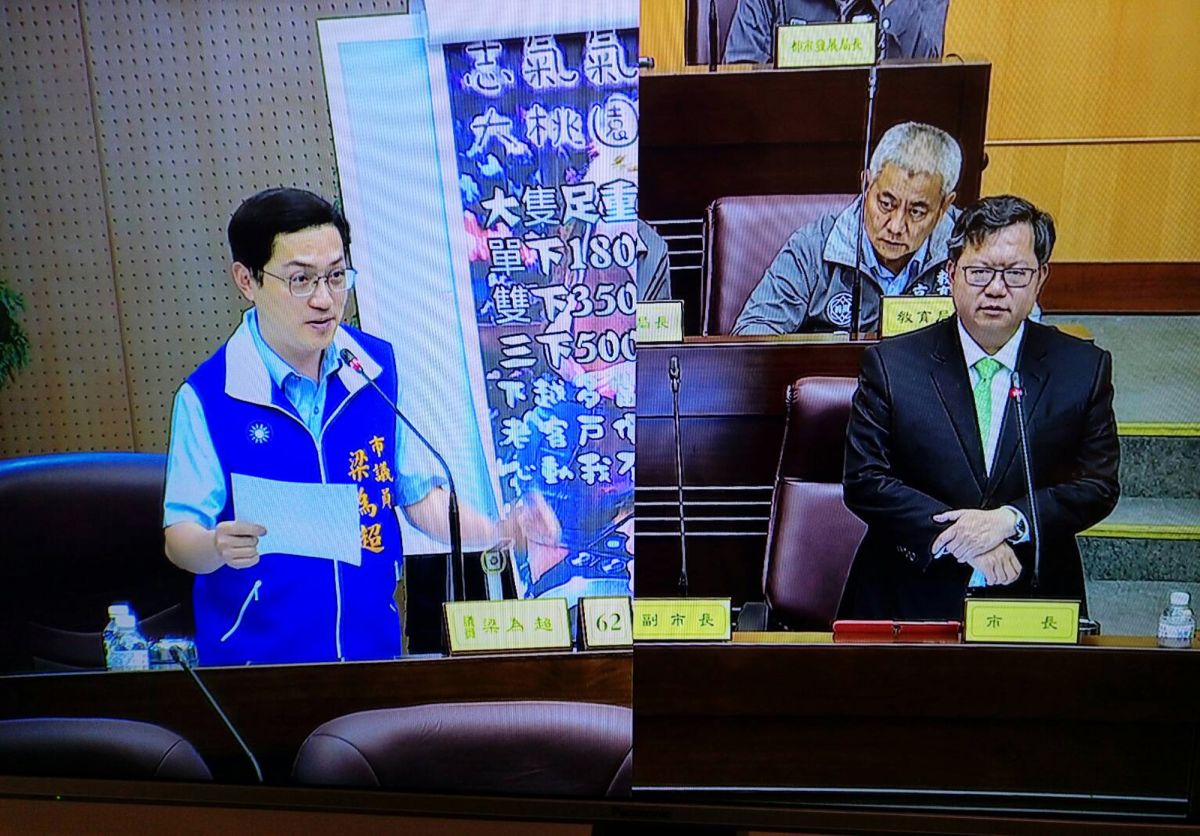 ▲梁為超秀出笑氣廣告單請教市長鄭文燦知道這賣的是甚麼東西？鄭文燦也猜不透「志氣」是什麼樣的商品。（圖／記者李春台翻攝）