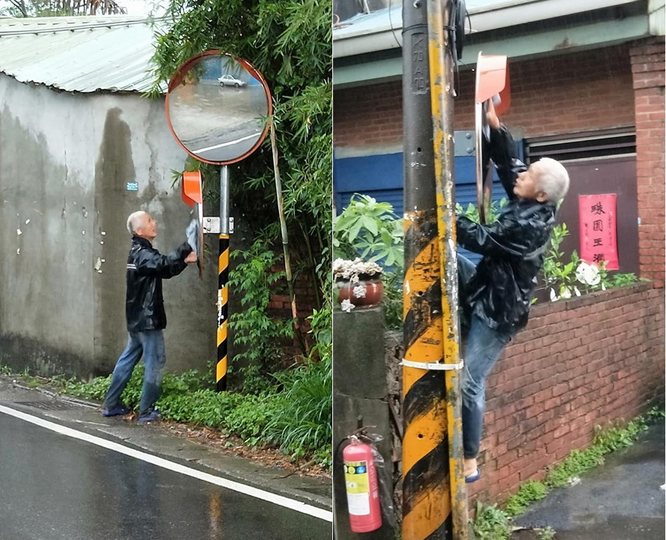 ▲憂暴雨弄髒反射鏡　新竹暖心伯冒雨沿路擦：看不到很危險（圖／翻攝自爆怨公社, 2019.05.17）