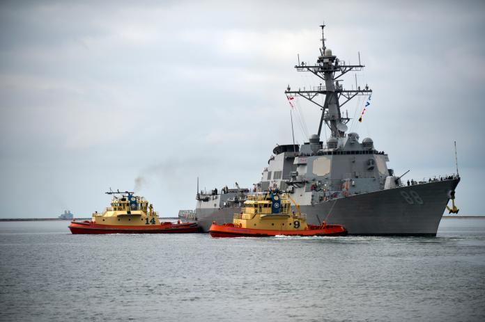 ▲美國海軍驅逐艦「普雷貝爾號」（USS Preble，DDG 88）本月第二度駛近南海中國大陸控制島礁。（圖／美國海軍, 2019.5.20）
