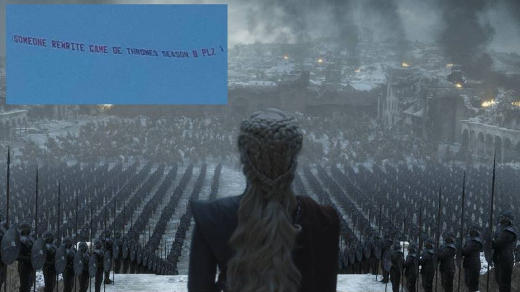 ▲有粉絲租飛機抗議《權力遊戲》第八季結局太爛(左上)。（合成圖）
