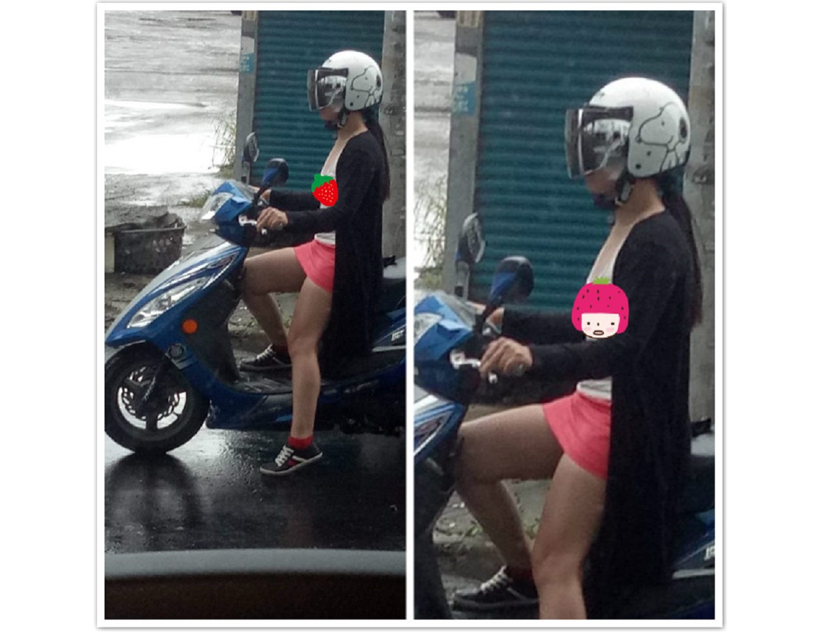 ▲無「罩」駕駛！正妹車頭燈原形畢露，白 T 胸前亮點超邪惡！（圖／翻攝自臉書社團「爆廢公社公開版」）