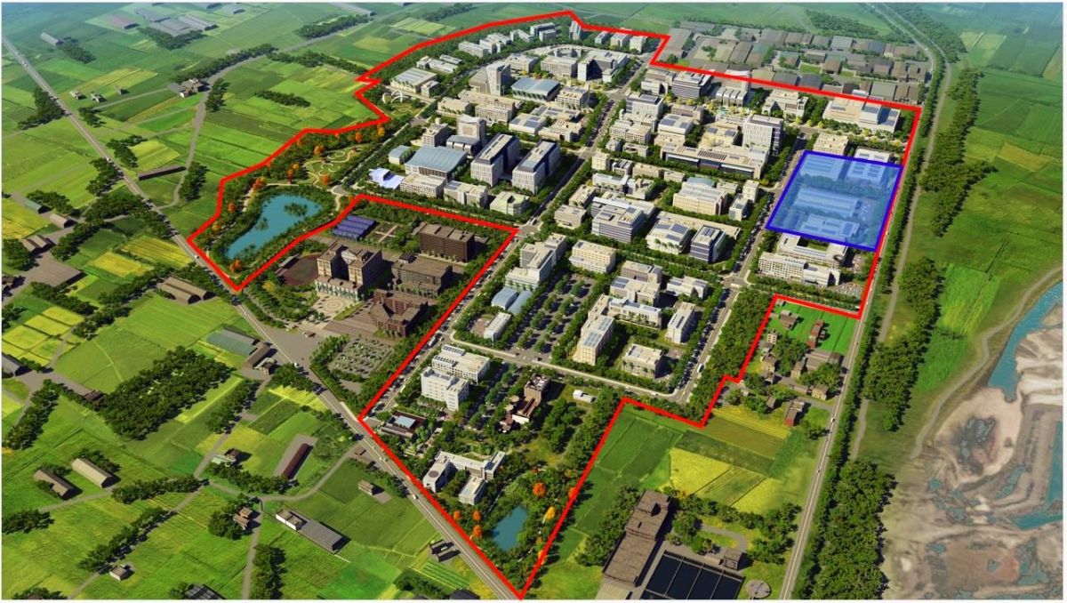 ▲紅色框線為和發園區範圍，右上方藍色方塊是鴻海購買土地。(高市經發局提供)