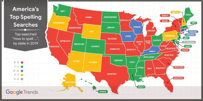 ▲Google 公布了美國各州最常搜尋「如何拼..？」的單字。（圖／翻攝自Google）