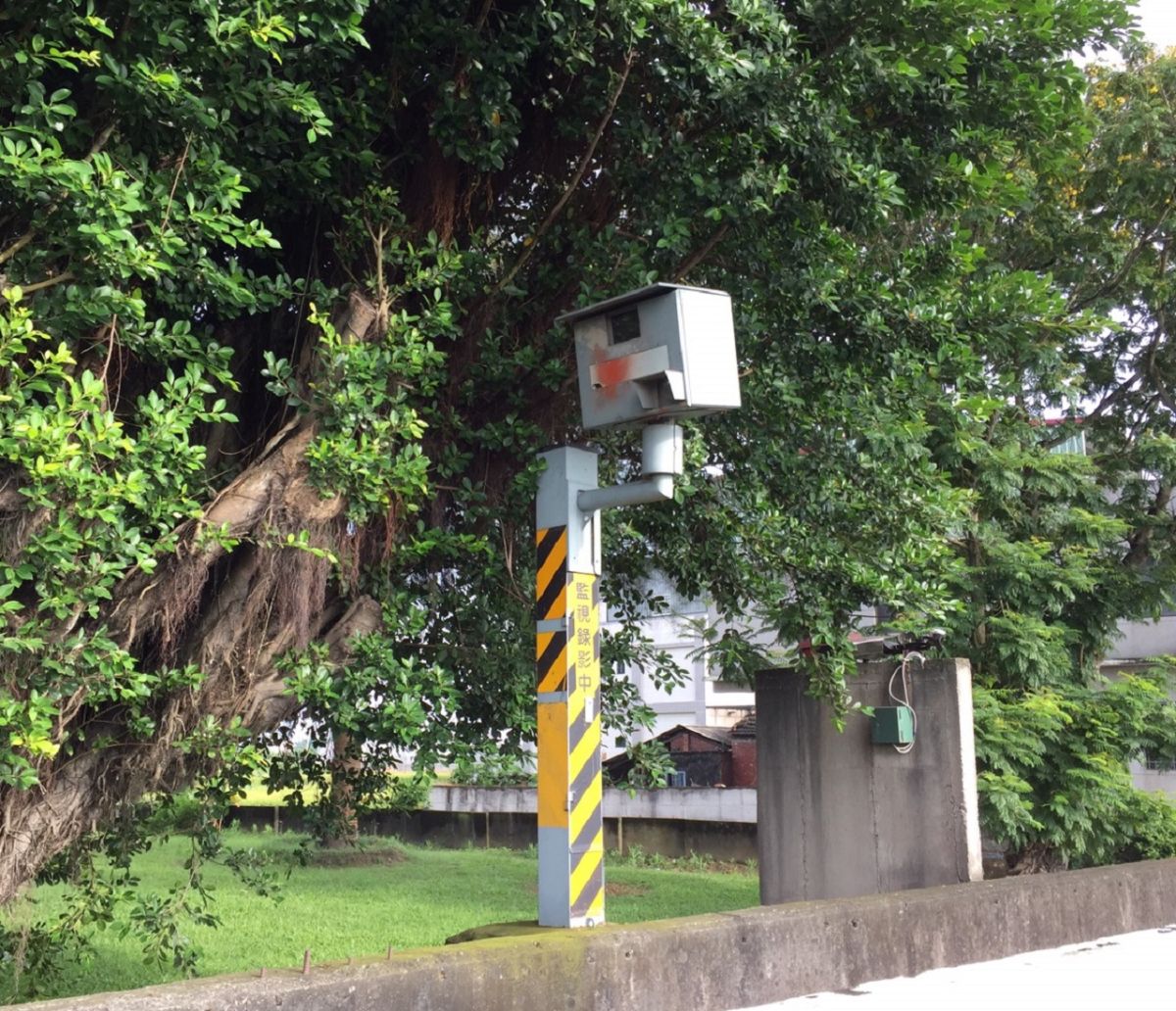▲這支固定測速照相機位台十九線的校園裡大樹下，取締超速的成效很好，經常遭潑漆。（圖／記者陳惲朋攝）