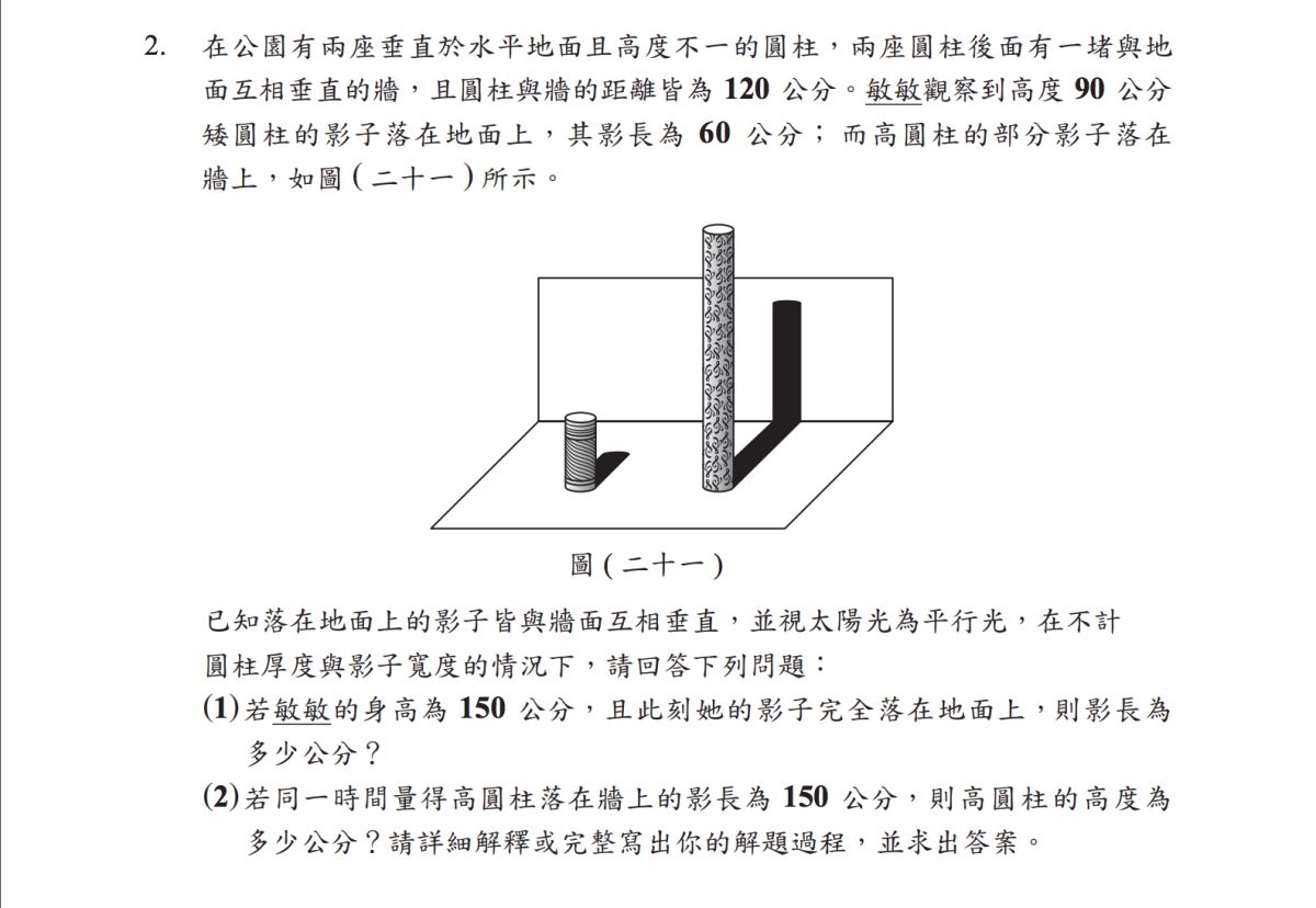 日前民眾投書媒體，表示108年國中教育會考數學科非選題第二題，與某家出版社去年國三模擬考題相似。台師大心測中心表示，考題使用的相似形、影子概念屬於常見情境，並非特定人士才會想到的切點，兩者純屬巧合。（圖／翻攝自國中教育會考網站）