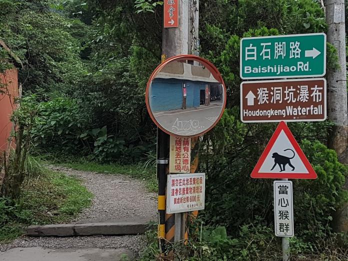 猴洞坑瀑布登山口「當心猴群」告示牌提醒民眾這裡還是有猴群出沒