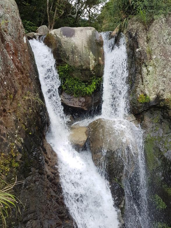 「猴洞坑瀑布」水流湍急，直瀉而下，彷彿兩條白絲巾掛在石頭上