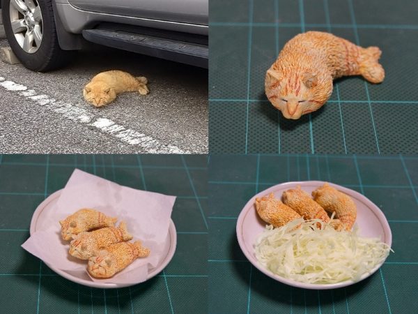 一隻在睡覺的橘貓變成炸蝦拼盤，看起來好美味！（圖／Twitter@meetissai）