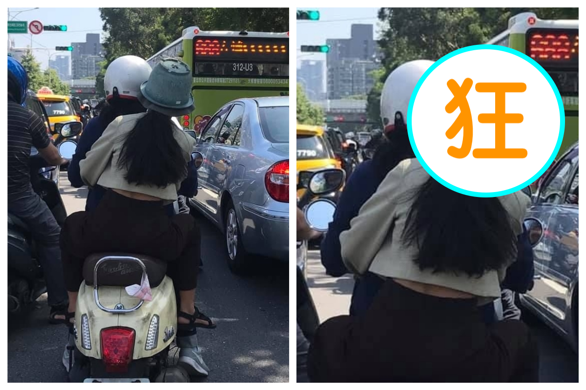 ▲網友驚見路上一對雙載情侶，後座長髮妹的頭上有「亮點」。（圖／翻攝自臉書社團「爆料公社二館」）
