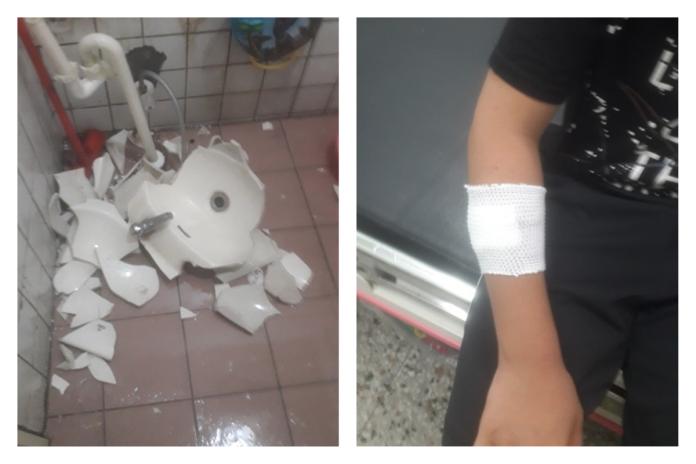 ▲魏小弟在臉書貼出好幾張相片表示他們家的洗手台爆裂，碎片割傷自己。有網友就戲謔說「洗手台先響應號召粉身碎骨啦」，引發大量網友熱議。（圖／翻攝自魏小弟臉書）
